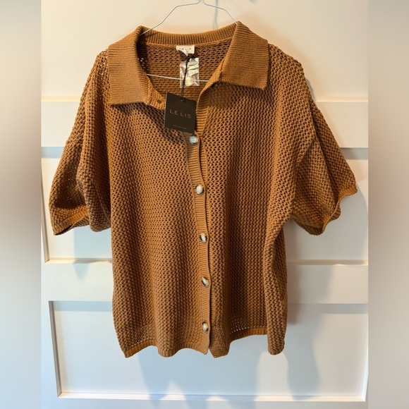 New LELIS crochet brown button down collared sweater size medium - Picture 1 of 7
